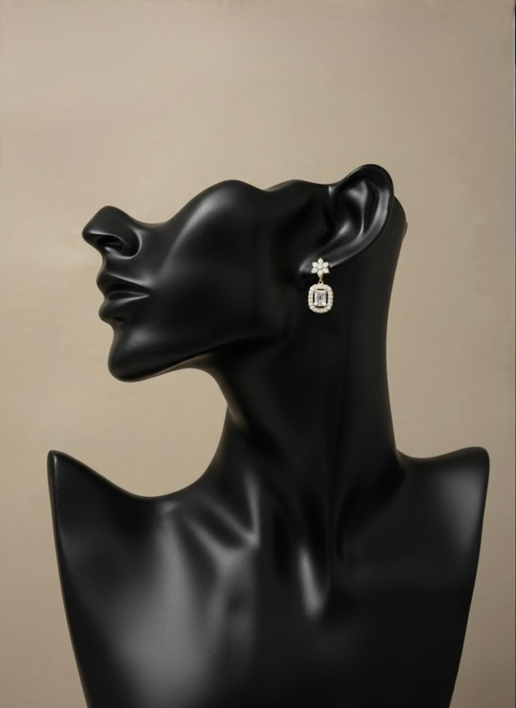 Dazzling Cubic Zirconia Drop Earrings - Elegant Square Cut with Floral Accent