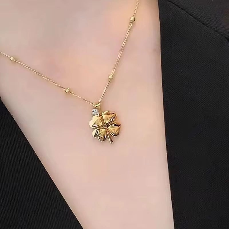 Lucky Four-Leaf Clover Pendant Necklace on Beaded Chain