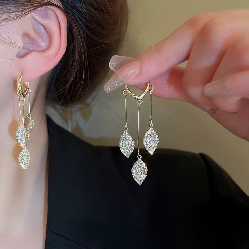 Golden Leaf Crystal Drop Earrings