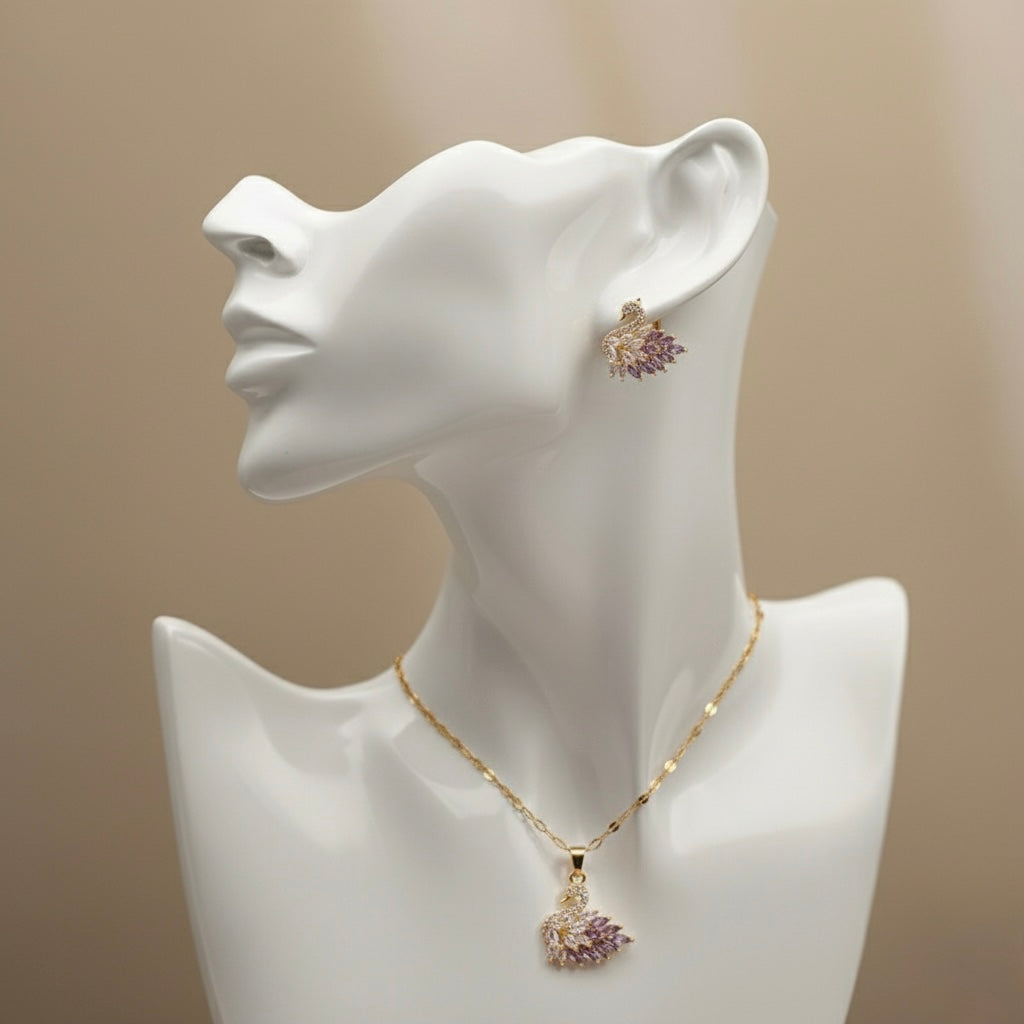 Purple Zircon Swan Pendant and Earrings Set