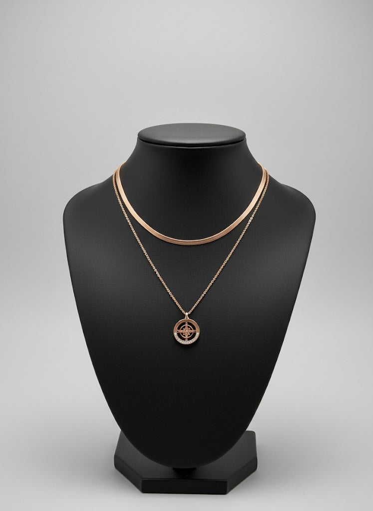 Rose Gold Layered Necklace with Compass Pendant