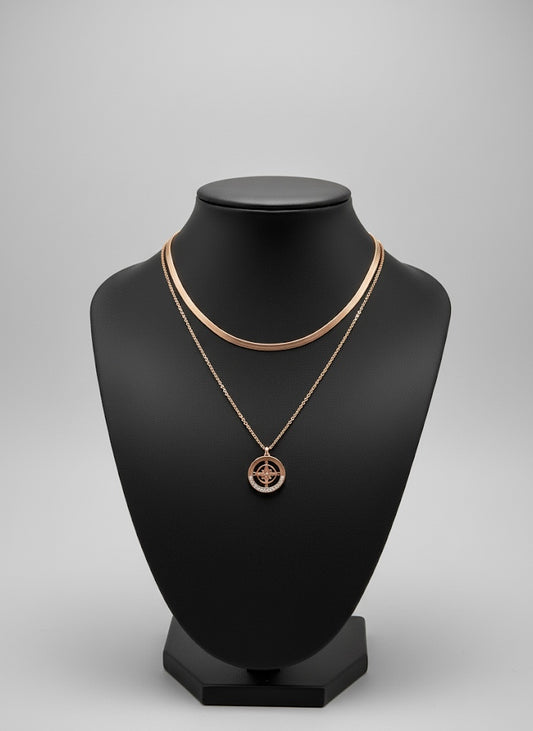 Rose Gold Layered Necklace with Compass Pendant