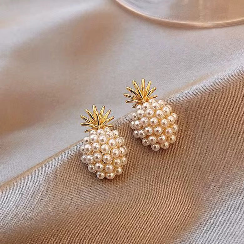 Elegant Pearl Pineapple Stud Earrings with Golden Leaf Detail