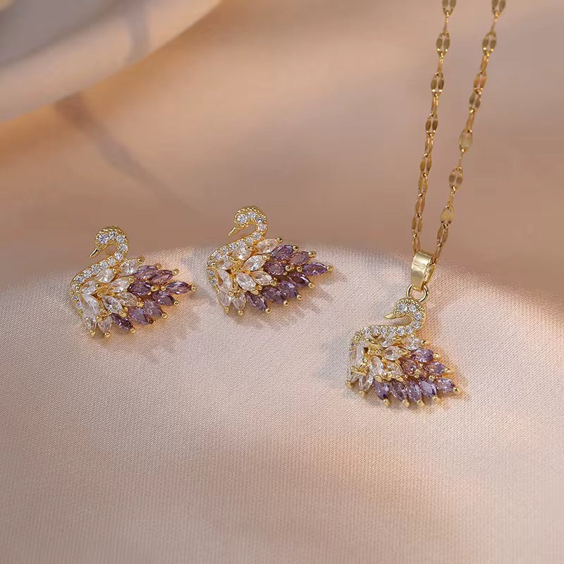 Purple Zircon Swan Pendant and Earrings Set