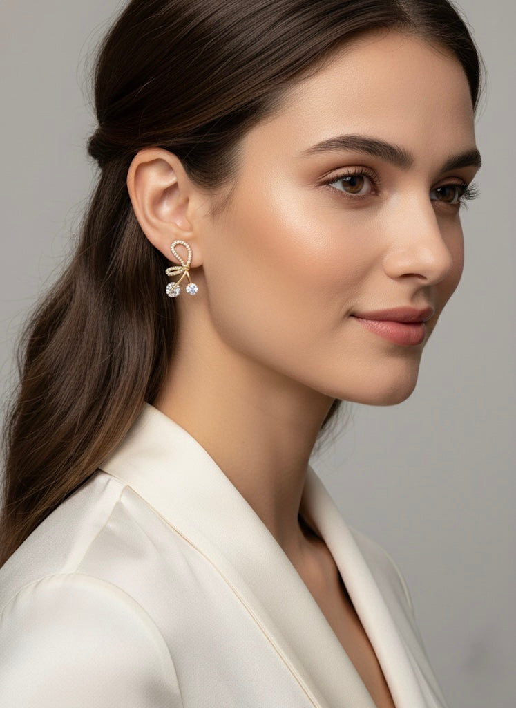 Elegant Bow Drop Earrings with Dual Crystal Charms