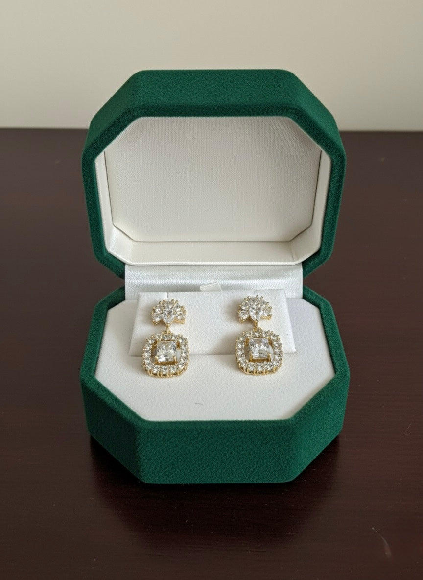 Dazzling Cubic Zirconia Drop Earrings - Elegant Square Cut with Floral Accent
