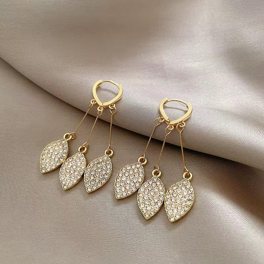 Golden Leaf Crystal Drop Earrings