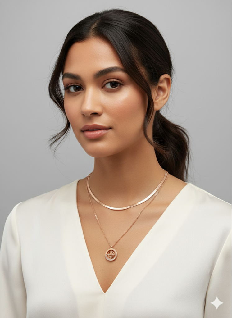 Rose Gold Layered Necklace with Compass Pendant