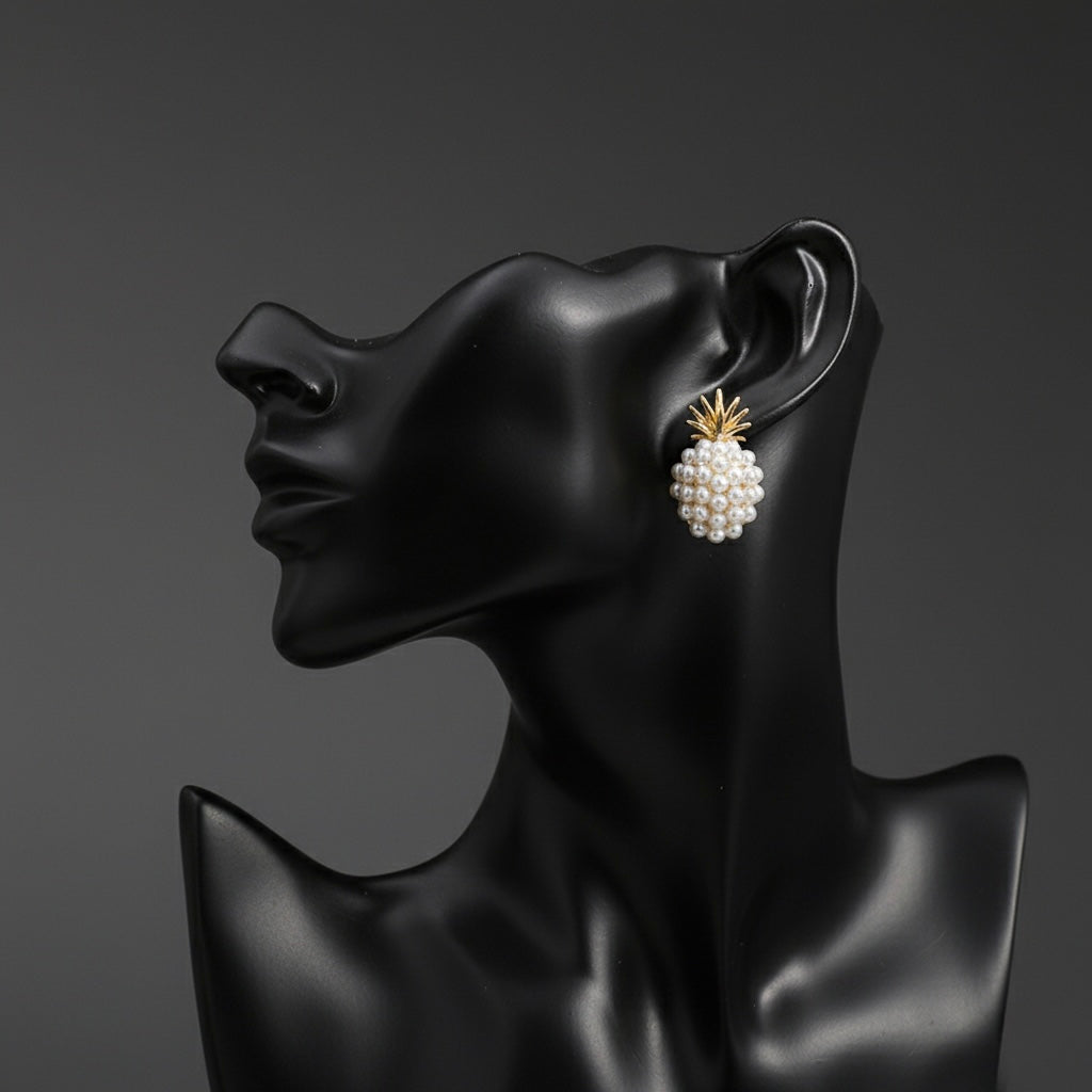 Elegant Pearl Pineapple Stud Earrings with Golden Leaf Detail