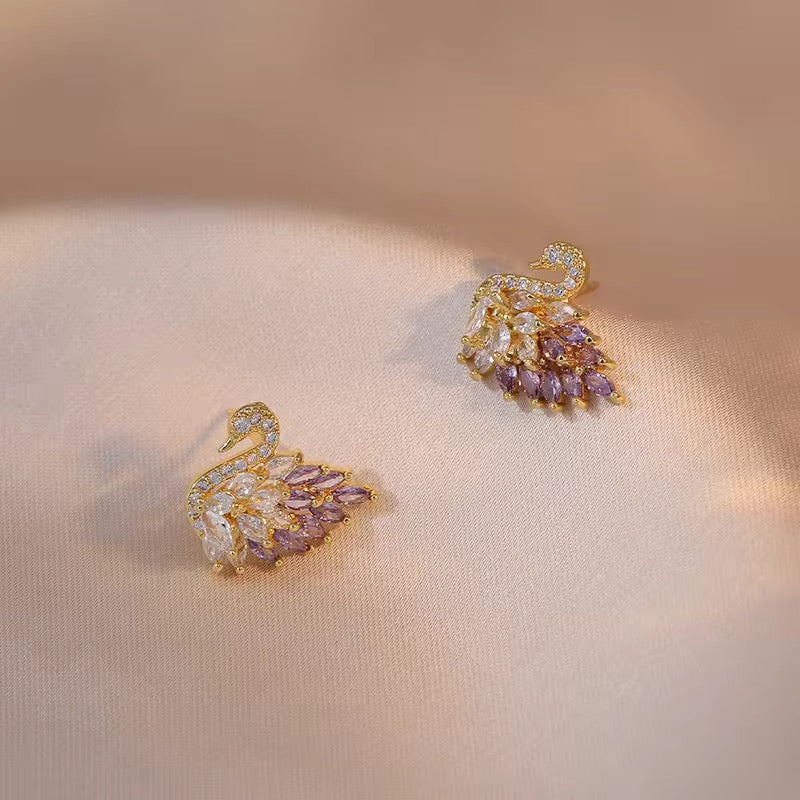 Purple Zircon Swan Pendant and Earrings Set