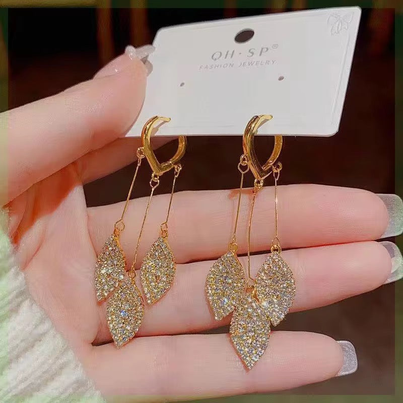 Golden Leaf Crystal Drop Earrings