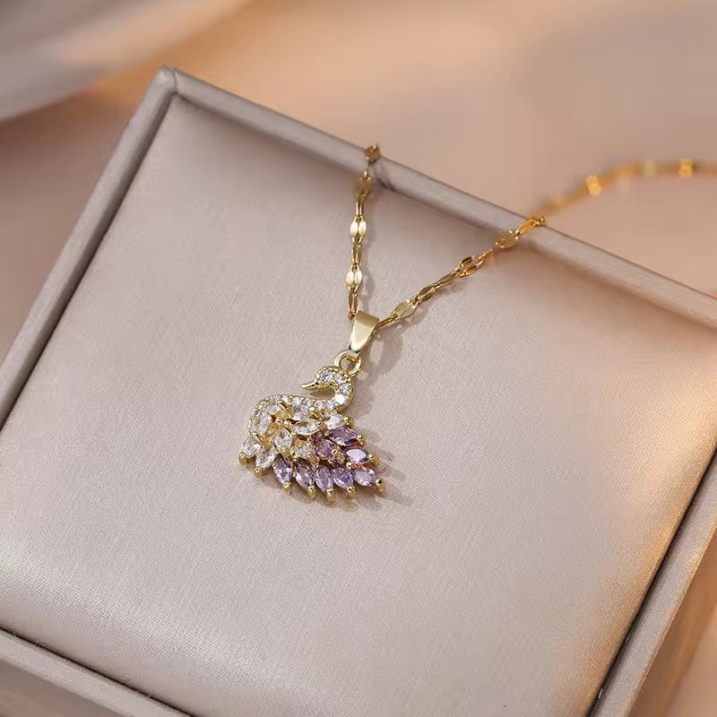 Purple Zircon Swan Pendant and Earrings Set