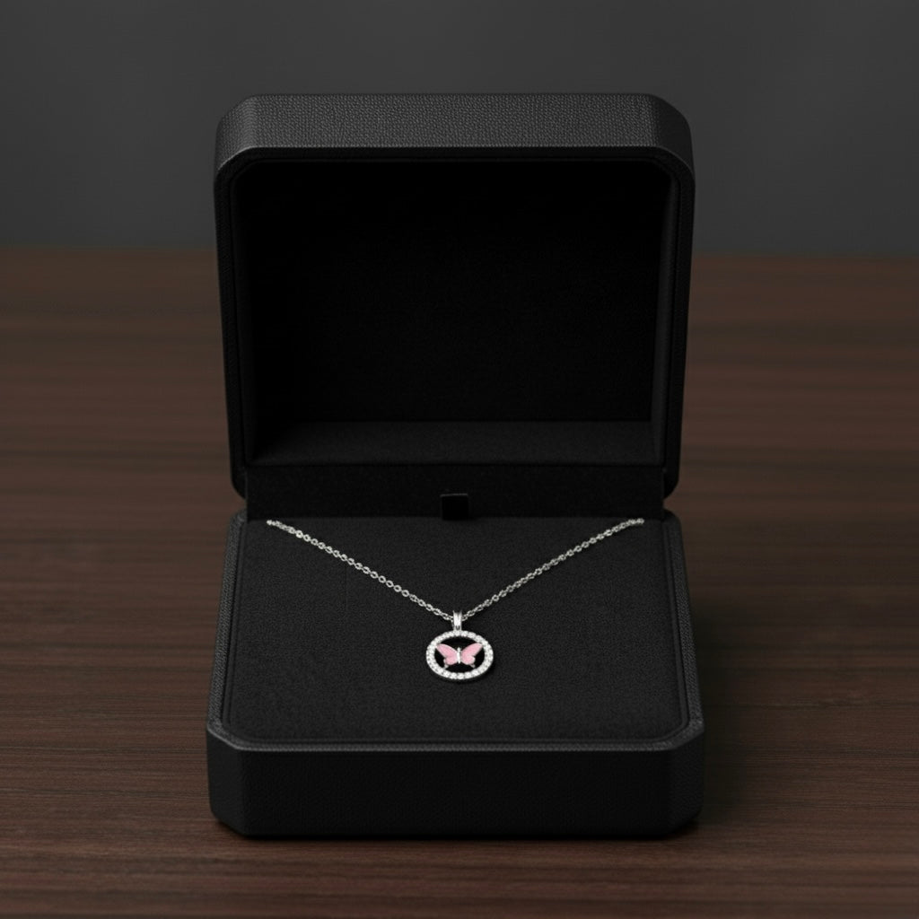 Silver Butterfly Pendant Necklace with Crystal Border