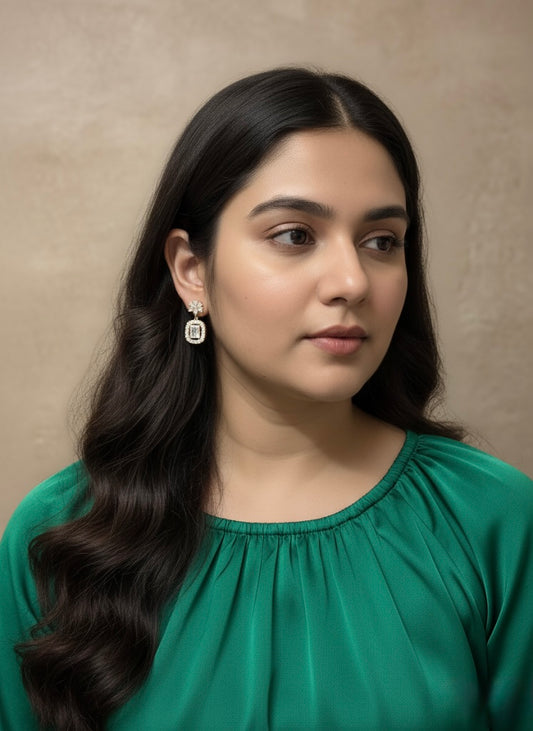 Dazzling Cubic Zirconia Drop Earrings - Elegant Square Cut with Floral Accent
