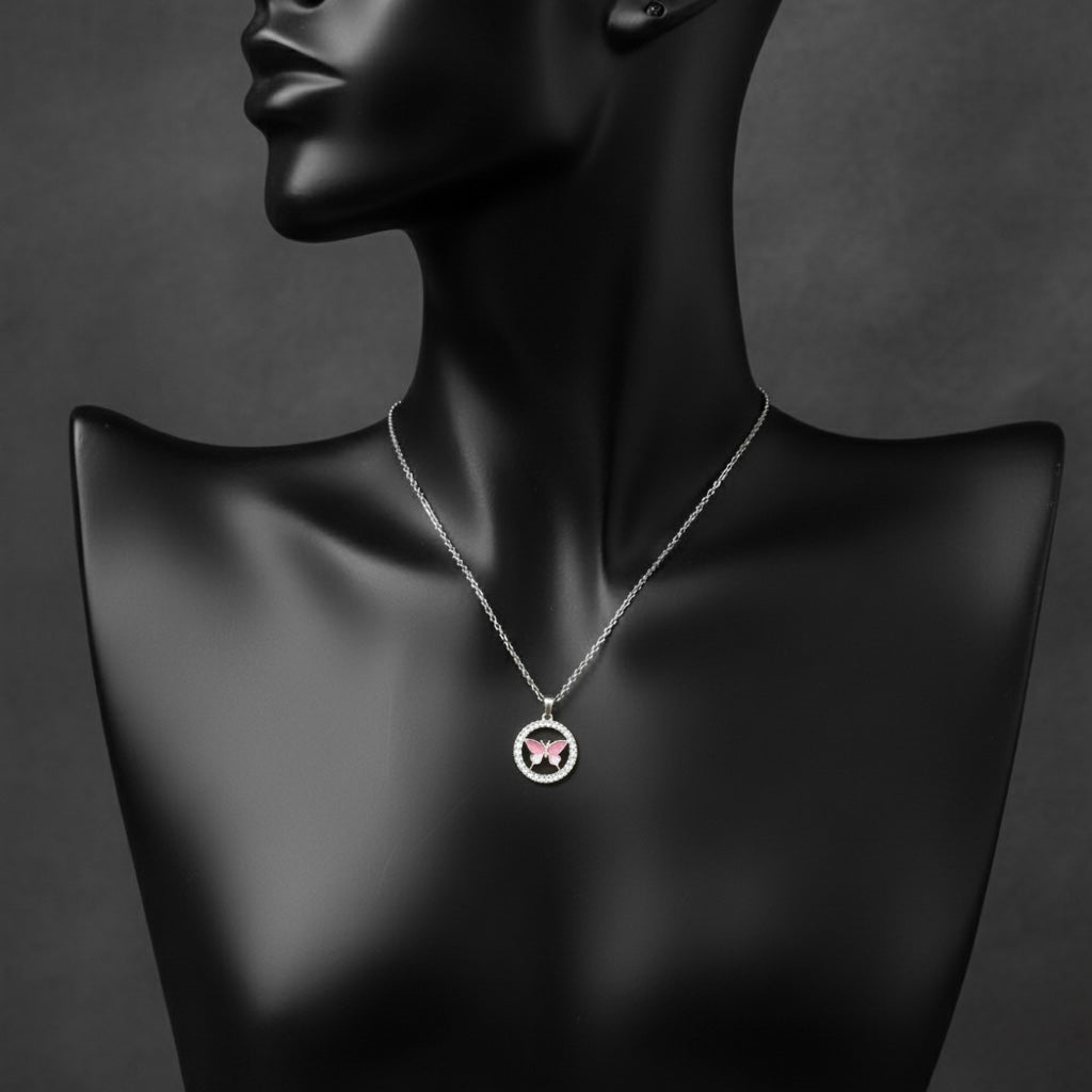 Silver Butterfly Pendant Necklace with Crystal Border