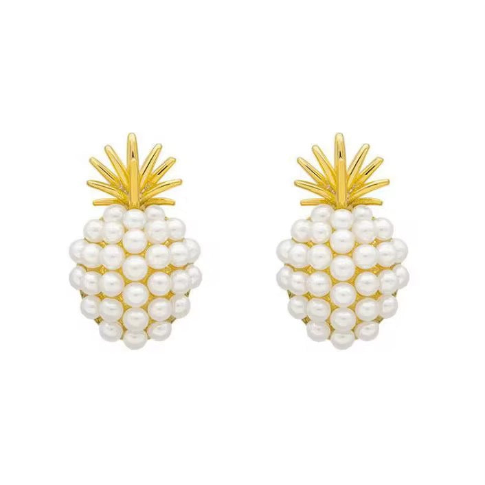 Elegant Pearl Pineapple Stud Earrings with Golden Leaf Detail